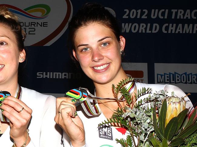 MELBOURNE, AUSTRALIA - APRIL 05:  Melissa Hoskins, Josephine Tomic and Annette Edmondson of Australia  celebrate with their Silver medals after the Womens Team Pursuit Gold Medal race at Hisense Arena on April 5, 2012 in Melbourne, Australia.  (Photo by Mark Dadswell/Getty Images)