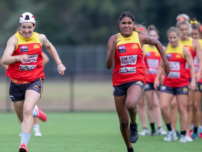 Northern Territory product Janet Baird (right) in training for the Gold Coast Suns with Sam Virgo. Picture: Russell Freeman/AFL Photos