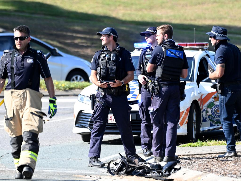 Police at the scene of a fatal crash at the intersection of Castle Hill Drive and Dohles Rocks road at Murrumba Downs. Picture: John Gass