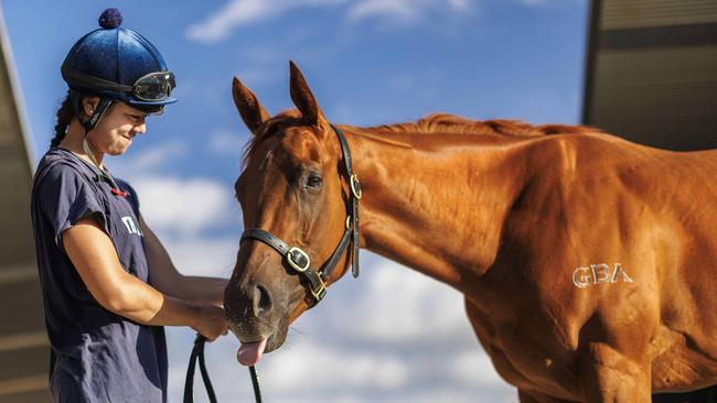 Trainee jockey Emma Ly with Platinum Jubilee, keen to give her rivals a Magic Millions licking. Picture: Glenn Hunt