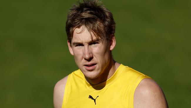 MELBOURNE, AUSTRALIA - AUGUST 22: Tom Lynch of the Tigers looks on during a Richmond Tigers AFL training session at Punt Road Oval on August 22, 2024 in Melbourne, Australia. (Photo by Darrian Traynor/Getty Images)