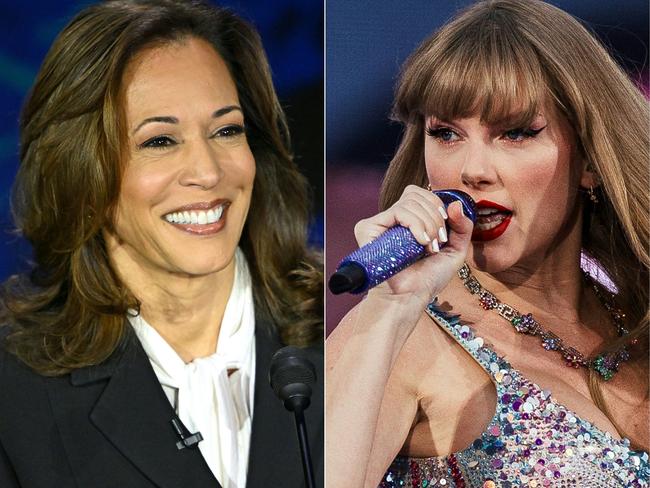 (COMBO) This combination of pictures created on September 10, 2024 shows US Vice President and Democratic presidential candidate Kamala Harris smiles during a presidential debate with former US President and Republican presidential candidate Donald Trump at the National Constitution Center in Philadelphia, Pennsylvania, on September 10, 2024.   American singer and songwriter Taylor Swift performs on stage as part of her Eras Tour in Lisbon on May 24, 2024.. Taylor Swift, a self-declared "childless cat lady," has endorsed Kamala Harris for president of the United States. The global megastar broke her silence on the current state of US politics September 10, 2024, voicing support for Harris over Donald Trump for the White House, and calling the Democratic candidate a "steady-handed, gifted leader." (Photo by SAUL LOEB and ANDRE DIAS NOBRE / AFP)