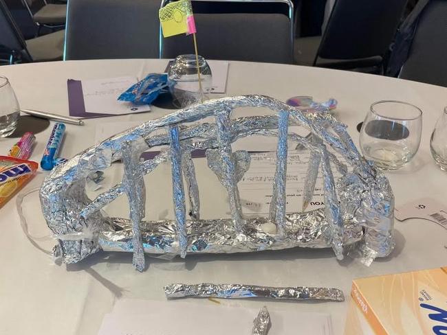 Transport for NSW bureaucrats recreated the Harbour Bridge out of aluminium foil, dried pasta and marshmallows at an expensive staff development day on Thursday. Picture: supplied