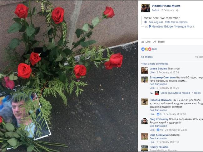 Mr Kara-Murza fell ill just hours after posting this Facebook tribute to his assassinated friend Boris Nemtsov, who he made a documentary about. Picture: Facebook