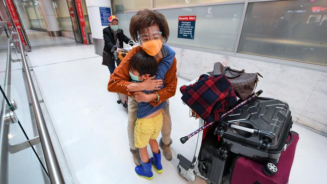 Hiro Xu rushes into the arms of his grandmother at Sydney International Airport. Picture: James D. Morgan/Getty Images