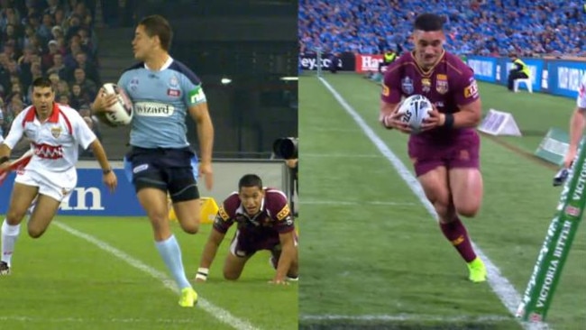 Side-by-side: Jarryd Hayne's no try and Valentine Holmes' try.