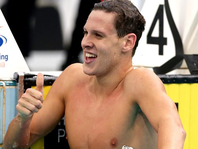 Mitch Larkin celebrates winning the mens 100m backstroke final at the 2015 Australian Swimming Championships. Picture: Gregg Porteous