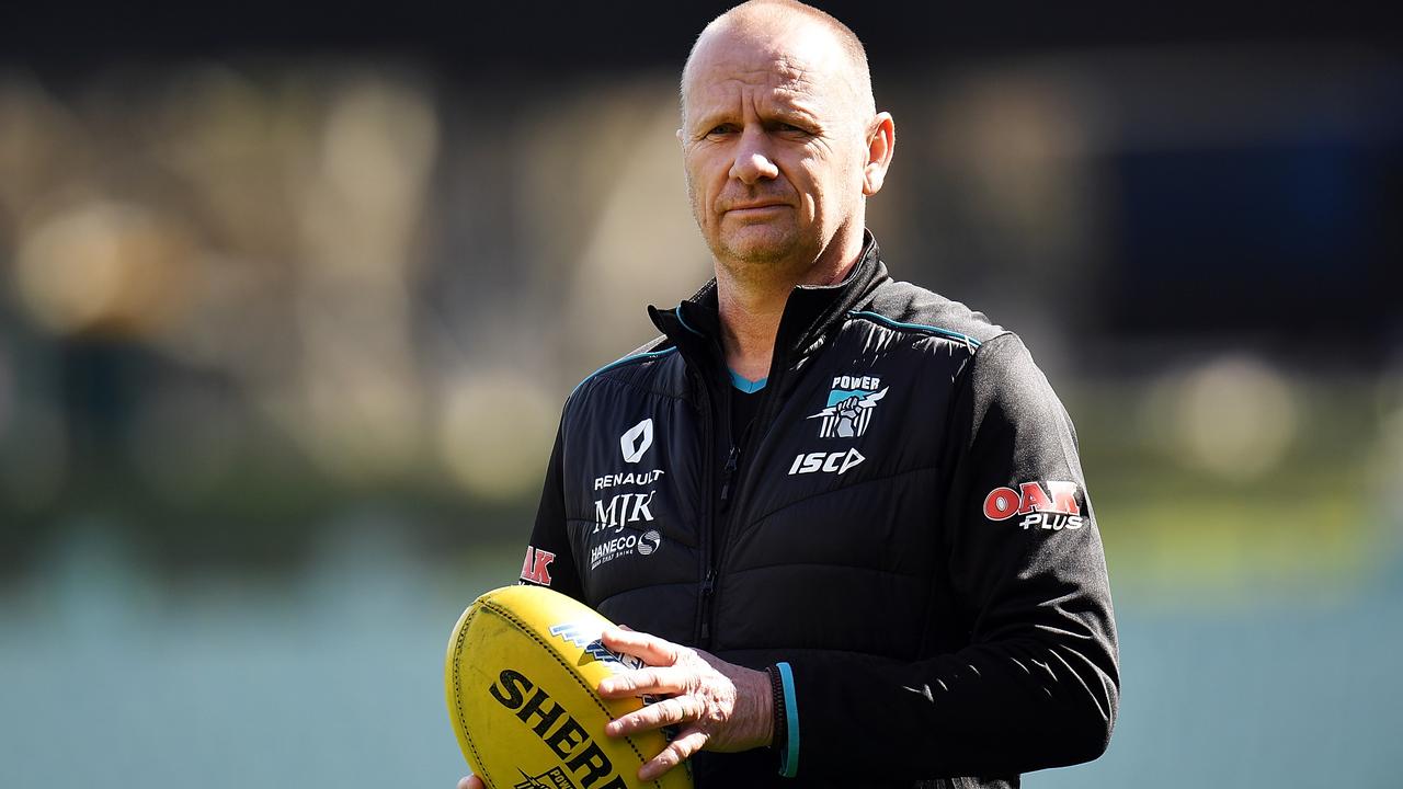 Port Adelaide coach Ken Hinkley looks on during a Power training session at Adelaide Oval. Picture: Daniel Kalisz/Getty