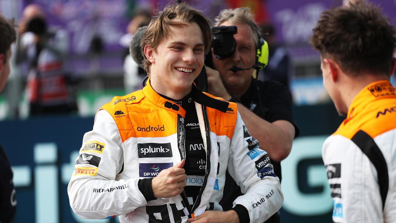 NORTHAMPTON, ENGLAND – JULY 08: Third placed qualifier Oscar Piastri of Australia and McLaren celebrates in parc ferme during qualifying ahead of the F1 Grand Prix of Great Britain at Silverstone Circuit on July 08, 2023 in Northampton, England. (Photo by Peter Fox/Getty Images)
