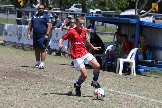 The Premier Invitational football tournament on the Gold Coast. Gold Coast Knights Red v Springfield United under-13s in action. Picture: Mike Batterham.