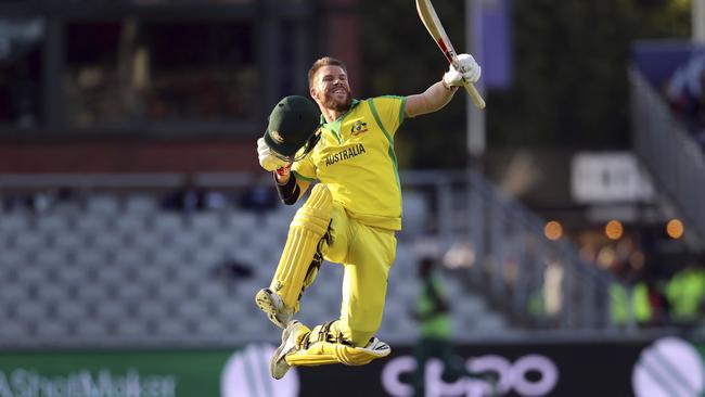 Australia’s David Warner celebrates his century against South Africa in typical David Warner fashion. Picture: AP