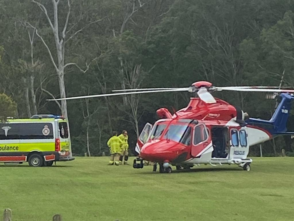 A motorcyclist has been flown to a Brisbane hospital after a horror crash near Somerset Dam on Sunday. Photo: Martin Bell.