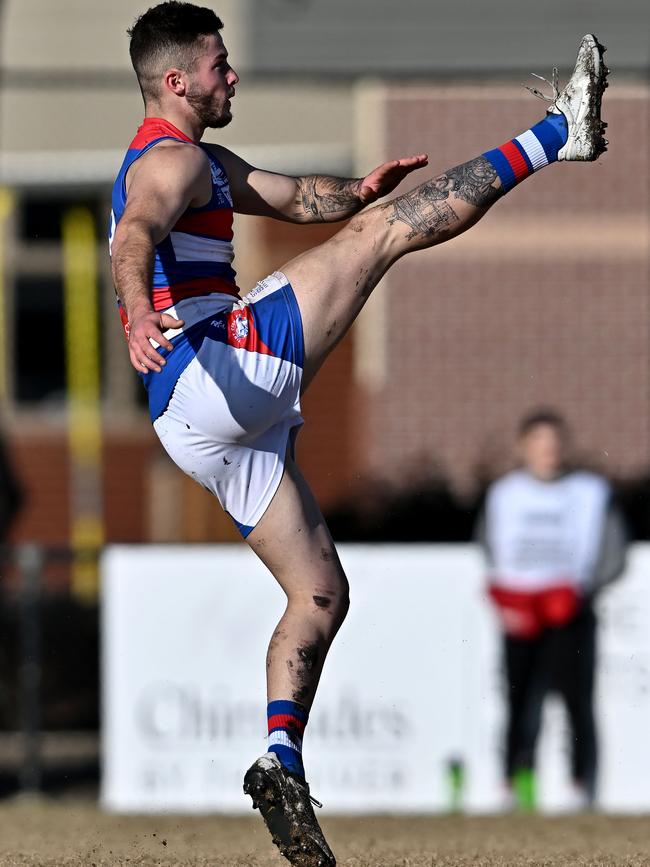 WRFL: Point Cook’s Tyler Kolyniuk has a shot on goal. Picture: Andy Brownbill