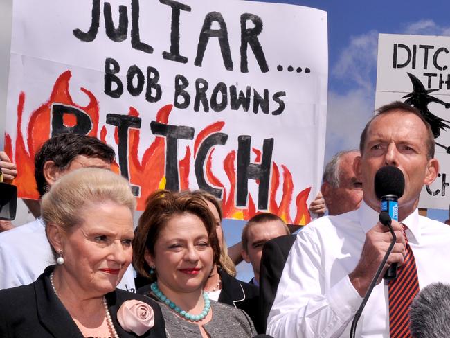 Opposition leader Tony Abbott speaking at the anti carbon tax rally in Canberra, Wednesday, March 23, 2011. Over 3000 people attended the rally to protest against the government's proposed carbon tax. (AAP Image/Alan Porritt)  NO ARCHIVING