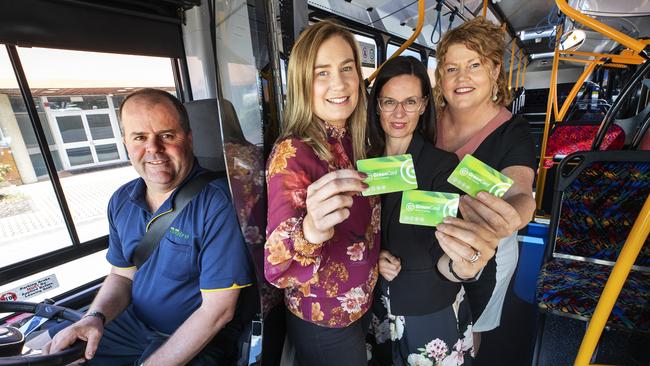 Metro bus driver Andrew Wiggins, Glenorchy Mayor Kristie Johnson, Associate Professor Verity Cleland and Hobart Lord Mayor Anna Reynolds on a Metro bus at Moonah. Picture: SUPPLIED