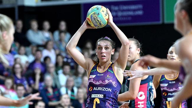 Leesa Mi Mi of the Firebirds looks to pass during the round 12 Super Netball match between Queensland Firebirds and Melbourne Vixens. Picture: Getty Images