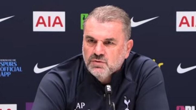 Ange Postecoglou speaks to reporters.