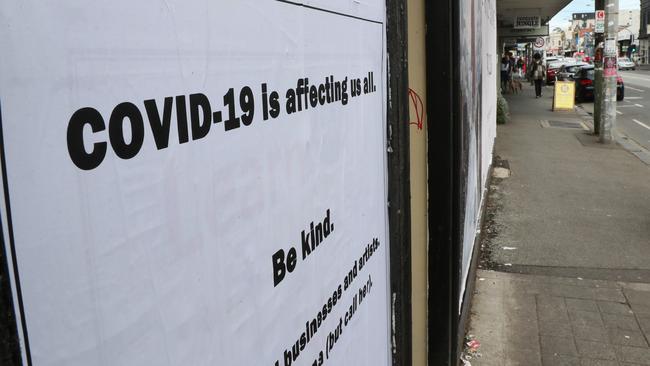 Local Coronavirus Impact 2 North. Generic images of Sydney road in Brunswick to go with Coronavirus coverage. A covid-19 poster is seen on Sydney road. Friday, April 3, 2020. Picture: David Crosling