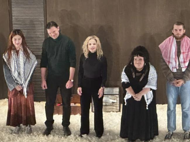 25-11-2023 -  Harry Greenwood (R) along with co-stars Megan  Wilding (2nd R) and Mabel Li  (L) wore keffiyeh scarves during the encore at the opening  night of the STC production of The Seagull at Sydney’s Roslyn Packer Theatre.  Picture: Instagram