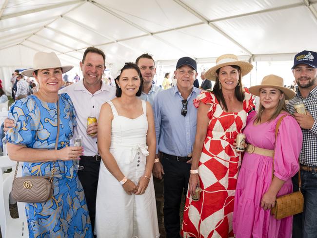 At Clifton Races are (from left) Melissa Johnston, Duane De Bortoli, Mandy De Bortoli, Andrew Richards, Trevor Mortimer, Leah Mortimer, Jessie Jones and Jacob Brown, Saturday, October 28, 2023. Picture: Kevin Farmer