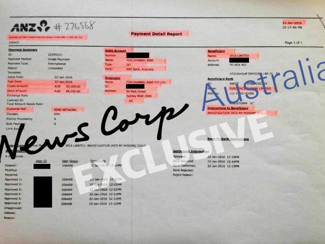 ANZ Payment Detail Report showing payment of $69,000 from TCN Channel Nine Pty Ltd to Adam Whittington for Investigation Into My Missing Child. Picture: Supplied