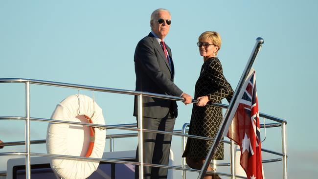 Vice President of the United States Joe Biden enjoys the Sydney sunshine whilst on a Sydney Harbour cruise with then foreign minister Julie Bishop in 2016. Picture: Wolter Peeters