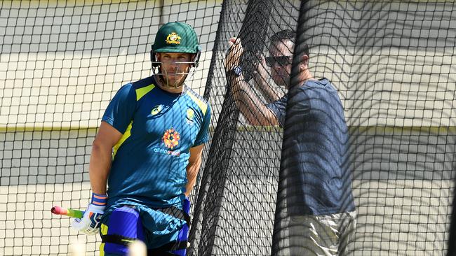 Australian batsman Aaron Finch (left) is spoken to by former captain Ricky Ponting during the Australian cricket team training session at Perth Stadium in Perth, Thursday, December 13, 2018.  Australia are preparing for the second Test match against India at Perth Stadium on Friday. (AAP Image/Dave Hunt) NO ARCHIVING, EDITORIAL USE ONLY