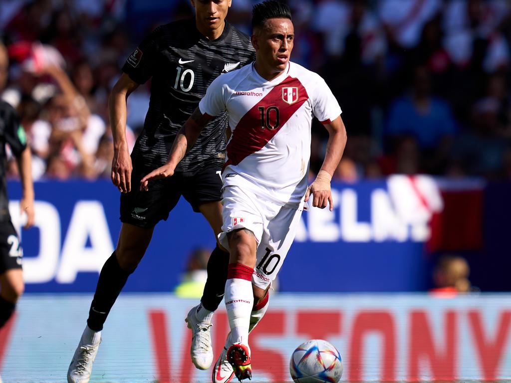 Christian Cueva of Peru passes the ball during the international friendly match between Peru and New Zealand. Picture: Alex Caparros/Getty Images