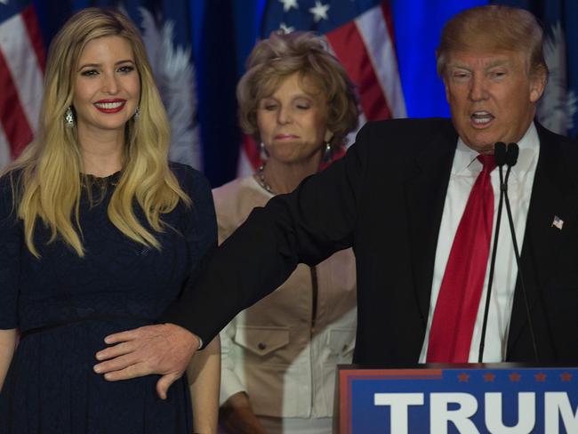 This last month shows Donald Trump patting his expecting daughter Ivanka Trump while celebrating victory in the South Carolina primary. Picture: Jim Watson/AFP Photo