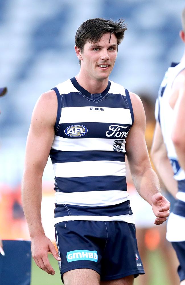 Ollie Henry had a fantastic first game for Geelong, kicking four goals in the practice match against Hawthorn. Picture: Kelly Defina