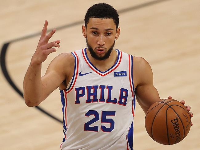 ATLANTA, GEORGIA - JUNE 18: Ben Simmons #25 of the Philadelphia 76ers calls out a play against the Atlanta Hawks during the first half of game 6 of the Eastern Conference Semifinals at State Farm Arena on June 18, 2021 in Atlanta, Georgia. NOTE TO USER: User expressly acknowledges and agrees that, by downloading and or using this photograph, User is consenting to the terms and conditions of the Getty Images License Agreement.   Kevin C. Cox/Getty Images/AFP == FOR NEWSPAPERS, INTERNET, TELCOS & TELEVISION USE ONLY ==