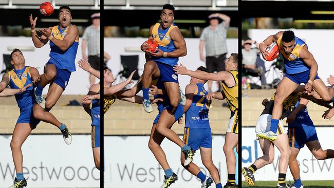 Deer Park superstar Kwame McHarg shows off his aerial skills during the Lions’ 2015 grand final win. Picture: David Smith