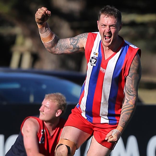 Neil Rawlings celebrates goal for Lindenow South in the 2022 Omeo District grand final win against Swifts Creek. Picture Yuri Kouzmin