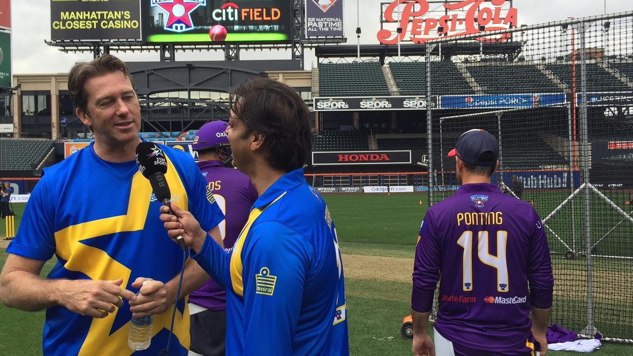 Australian fast bowler Glenn McGrath is interviewed by Pakistani fast bowler Shoaib Akhtar before a legends T20 series in the USA in 2015.