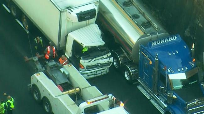 Two trucks crashed on the M1 Motorway. Picture: Nine News