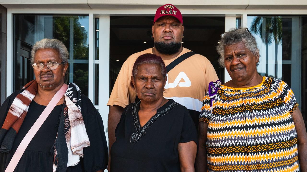 Henry Asera's nephew Samuel Asera, with aunts Betty Asera, left, Kara Asera and Rebecca Lutta outside the Supreme Court in Darwin after Eliasoa Thomas Wasaga was found guilty of the 54-year-old's murder. Picture: Pema Tamang Pakhrin