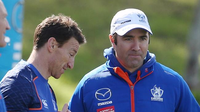 Brad Scott and Brent Harvey at training this week. Picture: Wayne Ludbey