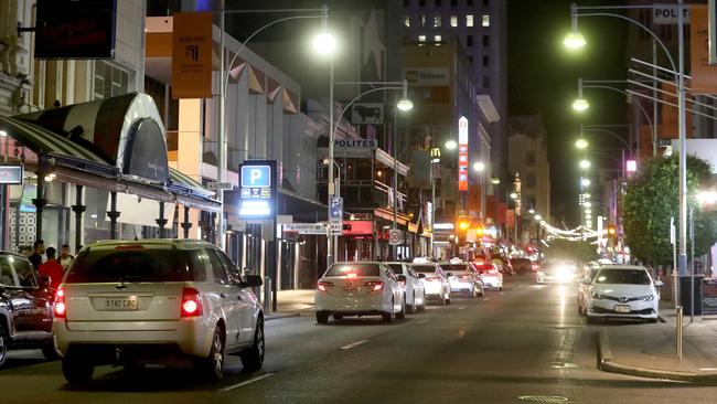 Hindley Street is lacking “sparkle” and there could be large changes to parking and outdoor dining under a proposed masterplan to remove the belief it’s dirty and unsafe. Picture: Dean Martin