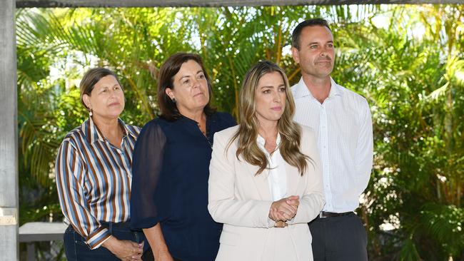 Townsville MPs Janelle Poole, Natalie Marr, Adam Bailie and the Minister for Youth Justice Laura Gerber speak to the media in Townsville. Picture: Shae Beplate.