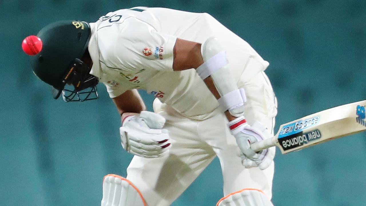 Tailender Harry Conway cops a ball to the head while batting for Australia A against India A. Picture: Brendon Thorne/Getty Images