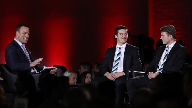 Connor Rozee and Xavier Duursma of the Power are interviewed by Brad Johnson during the 2019 AFL Rising Star Award. Picture: Getty Images