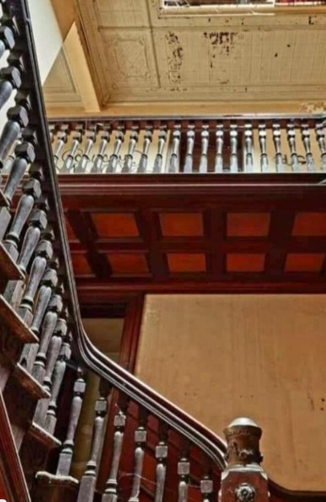 The grand central red cedar staircase with leadlight roof.