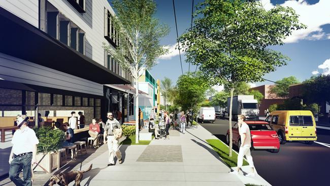 Cafes and restaurants as part of regeneration will help create a "grungy' eat-street feel in Brookvale. An artist impression. Picture: Supplied.