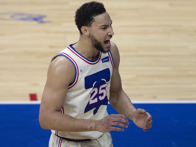 PHILADELPHIA, PA - APRIL 04: Ben Simmons #25 of the Philadelphia 76ers reacts against the Memphis Grizzlies in the first quarter at the Wells Fargo Center on April 4, 2021 in Philadelphia, Pennsylvania. NOTE TO USER: User expressly acknowledges and agrees that, by downloading and or using this photograph, User is consenting to the terms and conditions of the Getty Images License Agreement.   Mitchell Leff/Getty Images/AFP == FOR NEWSPAPERS, INTERNET, TELCOS & TELEVISION USE ONLY ==