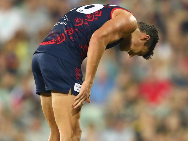 Sam Weideman of the Demons reacts after he missed the matchwinning shot at goal. Pic: Getty Images