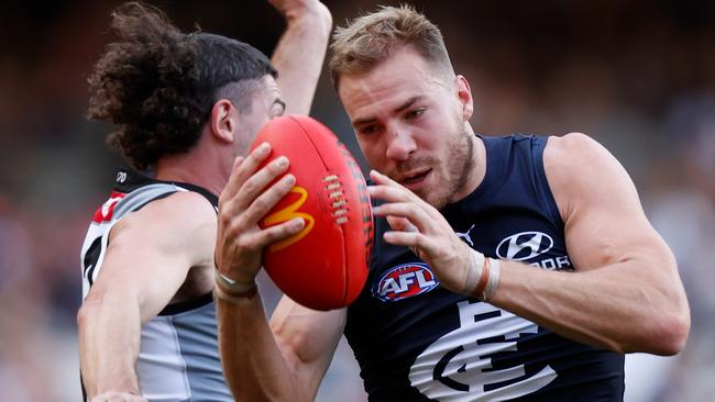 Harry McKay takes a strong mark in his three-goal performance against Port Adelaide. Picture: AFL Photos via Getty Images