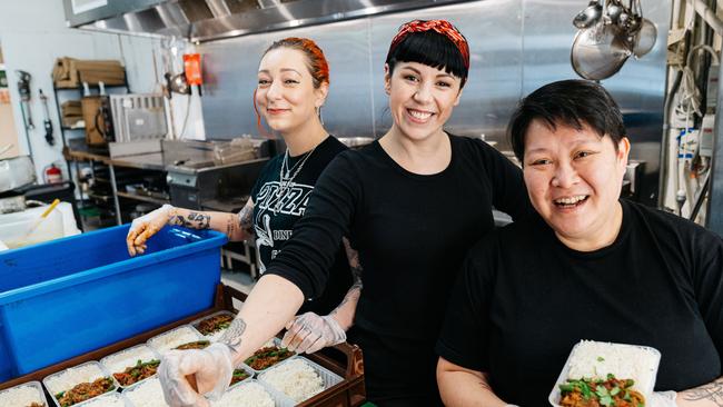 Vegan chefs Shannon Martinez (Smith &amp; Daughters), Tamara Scoulidis and Jerry Mai (Annam) help prepare meals for residents in the public housing lockdown.