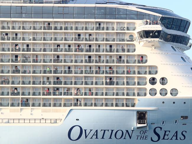 TAURANGA, NEW ZEALAND - DECEMBER 11:  The Ovation of the Seas cruise ship, which carried passengers who travelled to White Island when it erupted, leaves the Port of Tauranga on December 11, 2019 in Tauranga, New Zealand. 5 people are confirmed dead and several are missing following the volcanic eruption at White Island on Monday. (Photo by John Boren/Getty Images)