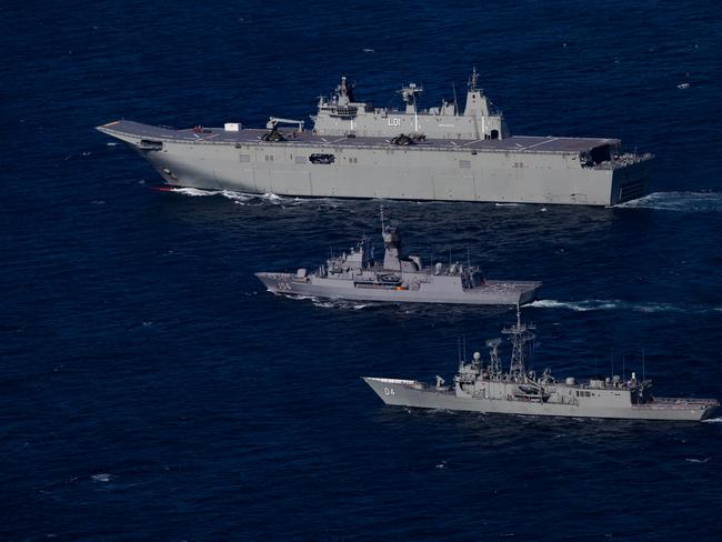 Royal Australian Navy ships HMAS Adelaide, Toowoomba and Darwin in formation as part of the Joint Task Group for Indo-Pacific Endeavour 2017. Picture: Defence
