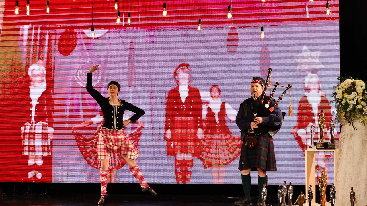 Scottish Highland performers honoured the late Australian fashion designer, who danced as a young boy. Picture: NCA NewsWire/Tertius Pickard